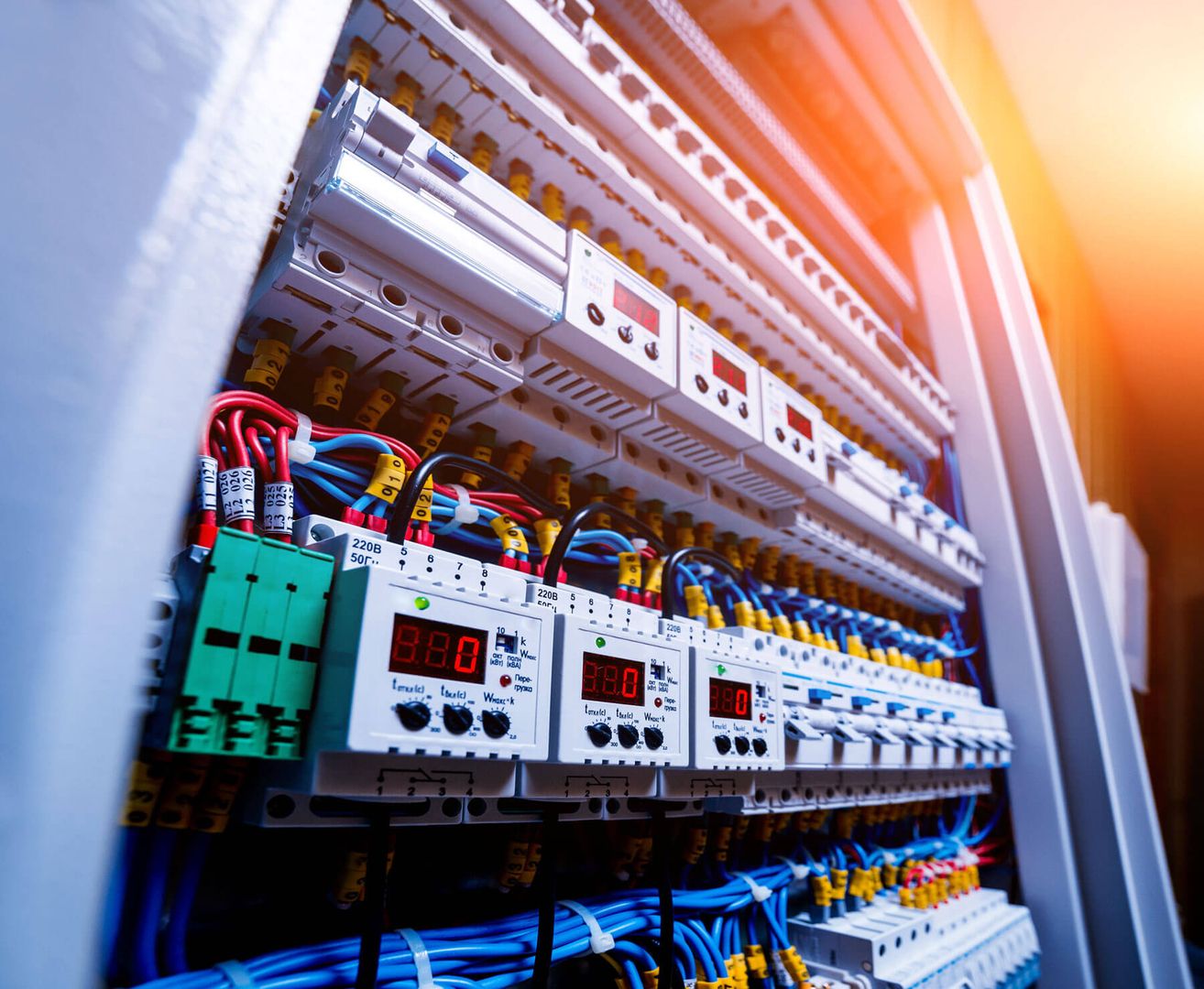 Industrielle elektrische Schalttafel mit Leistungsschaltern und Kabeln.